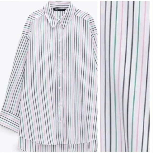Zara White Striped Cotton Oversized Blouse/Shirt. Size s - Picture 7 of 10